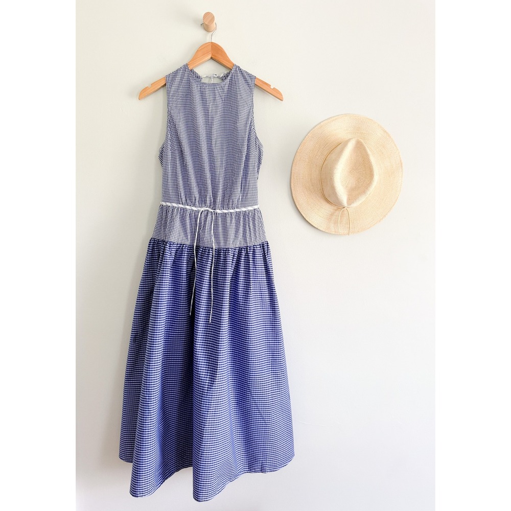 J.Crew | NWT Open-Back Midi Dress in Mixed Blue Gingham Cotton | Sz T4 - Picture 2 of 11